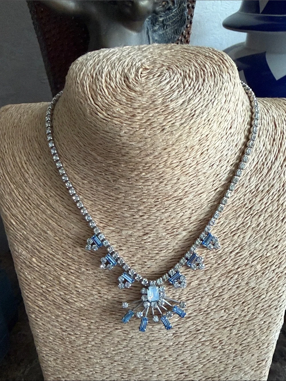 Vintage Elegant Blue Crystal Statement Necklace adjustable long or short length